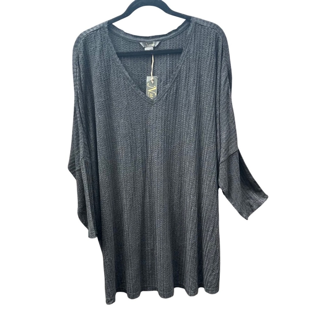 Natural Reflections Womens 2X Waffle Knit V-Neck Tunic Top Anthracite Grey NWT